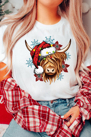 ***CLEARANCE ***  White Christmas Highland Cow Snowflake Print Womens T Shirt