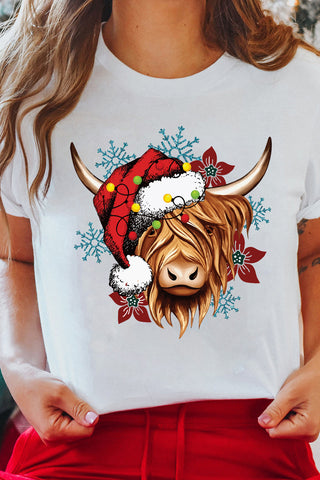 ***CLEARANCE ***  White Christmas Highland Cow Snowflake Print Womens T Shirt