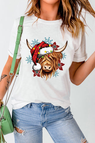 ***CLEARANCE ***  White Christmas Highland Cow Snowflake Print Womens T Shirt