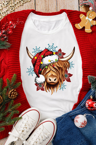 ***CLEARANCE ***  White Christmas Highland Cow Snowflake Print Womens T Shirt
