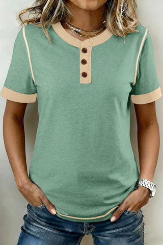 Mint Green Raw Seam Color Block Detail Buttoned Henley Tee