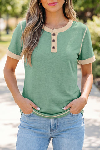 Mint Green Raw Seam Color Block Detail Buttoned Henley Tee