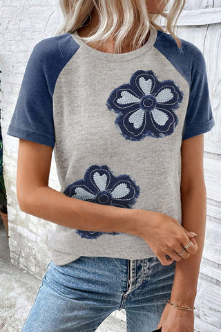 Blue Floral Patchwork Colorblock Raglan Sleeve T Shirt
