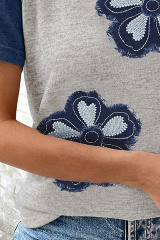 Blue Floral Patchwork Colorblock Raglan Sleeve T Shirt