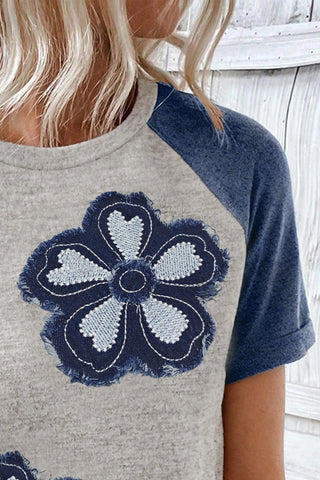 Blue Floral Patchwork Colorblock Raglan Sleeve T Shirt