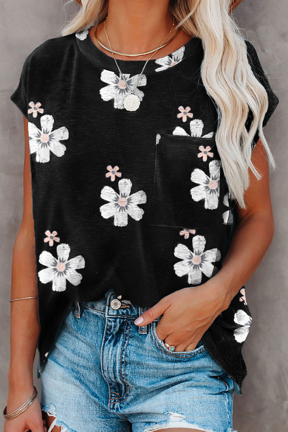 Floral Cap Sleeve T-Shirt with Pocket