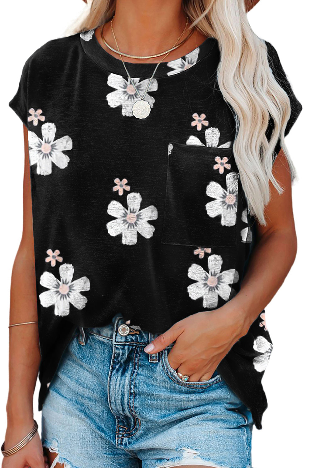 Floral Cap Sleeve T-Shirt with Pocket