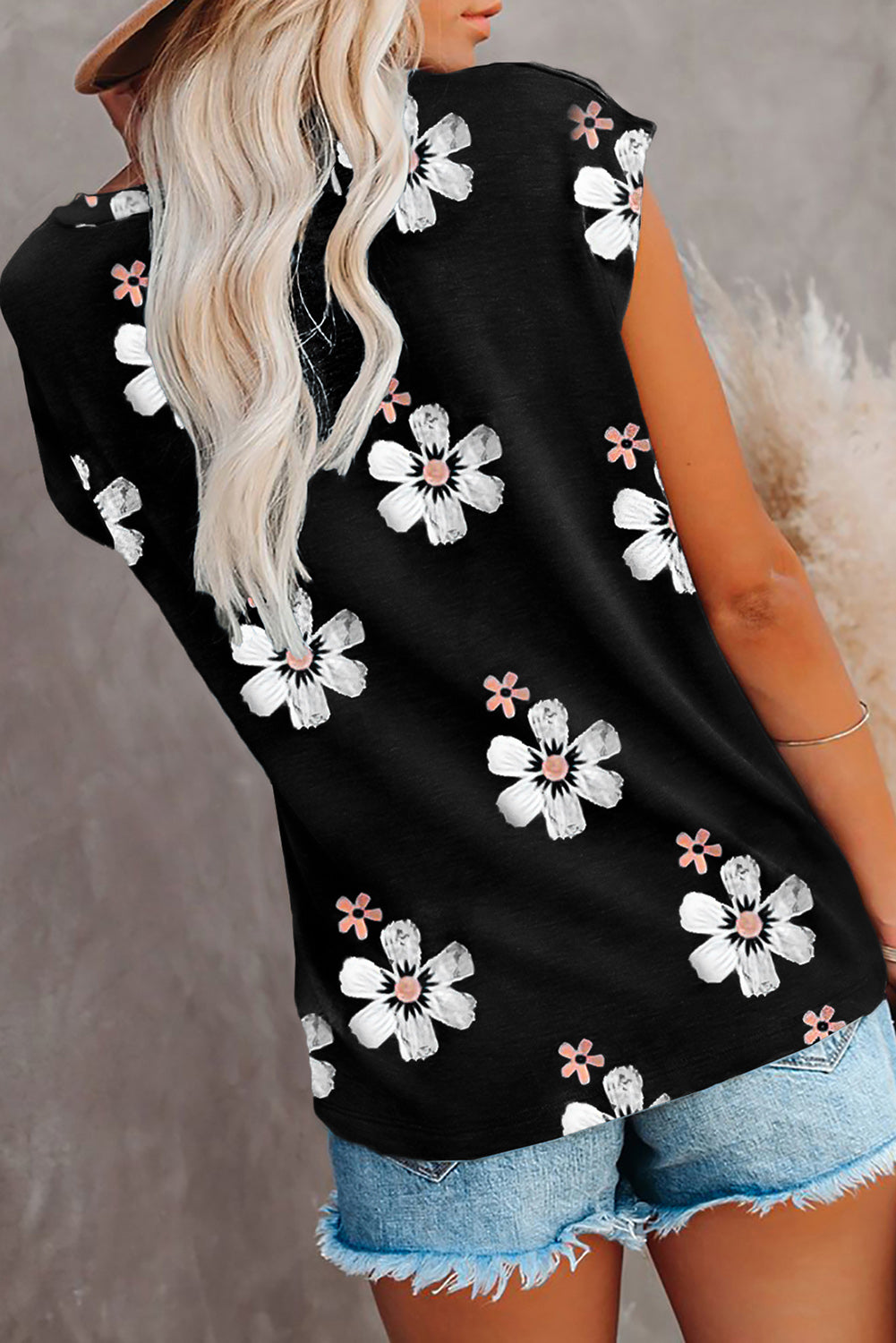 Floral Cap Sleeve T-Shirt with Pocket