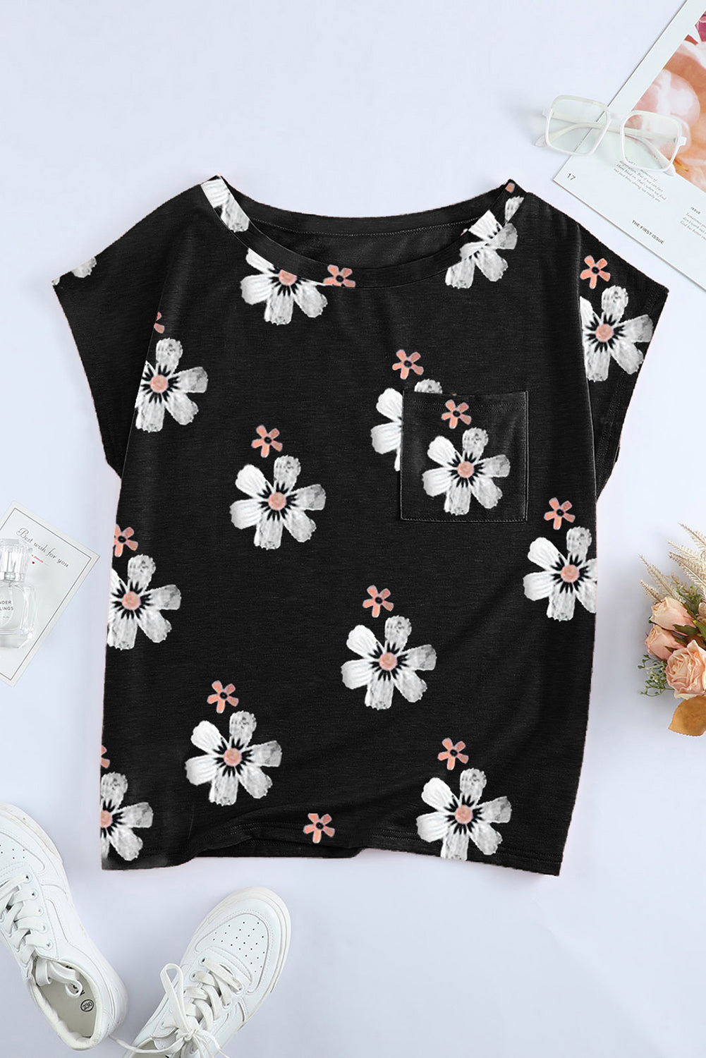 Floral Cap Sleeve T-Shirt with Pocket