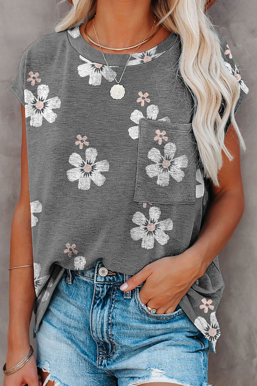 Floral Cap Sleeve T-Shirt with Pocket