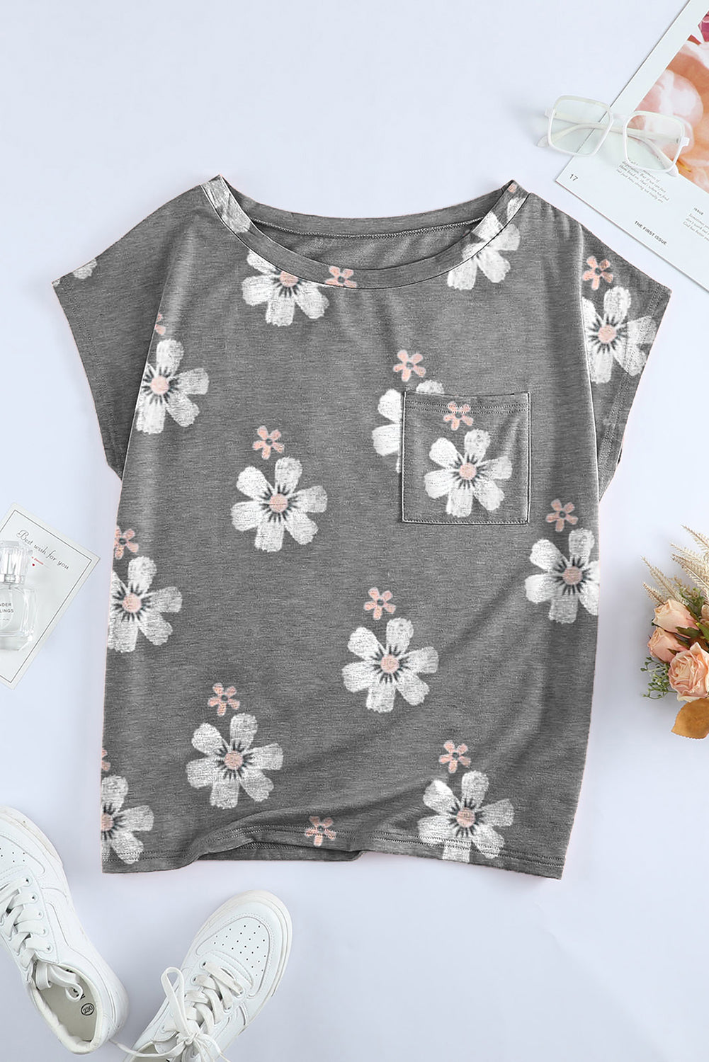 Floral Cap Sleeve T-Shirt with Pocket