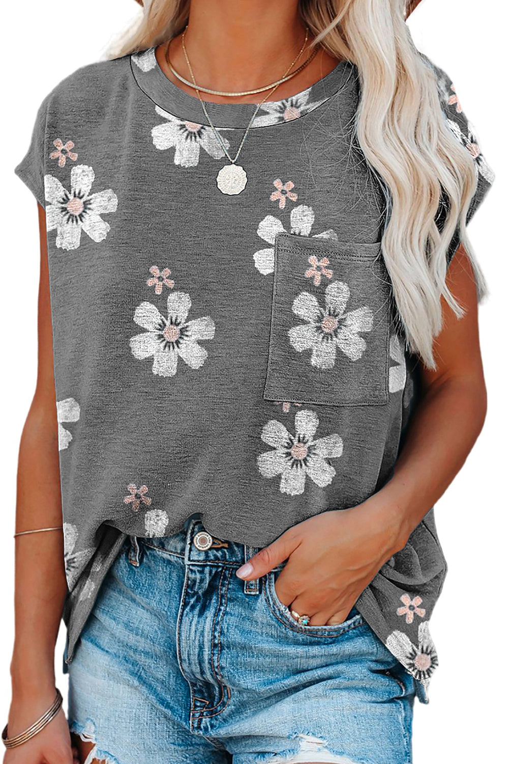 Floral Cap Sleeve T-Shirt with Pocket