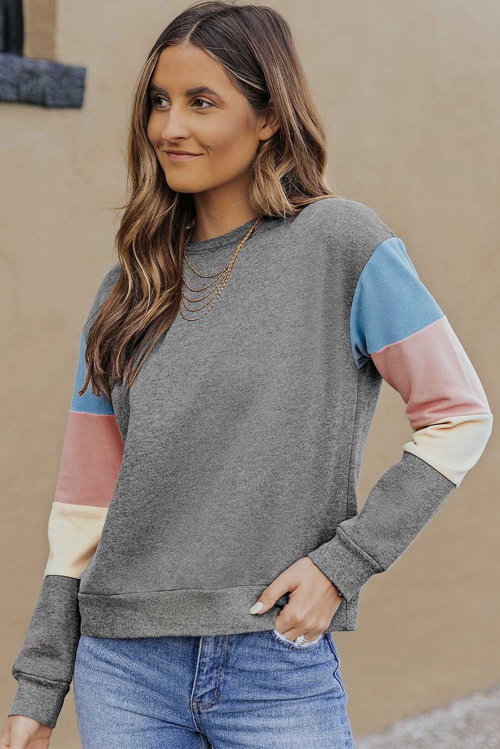 Color Block Casual Drop Sleeve Sweatshirt