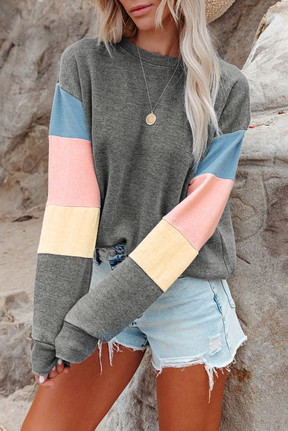 Color Block Casual Drop Sleeve Sweatshirt