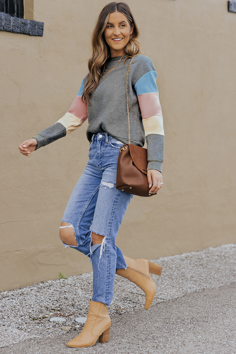 Color Block Casual Drop Sleeve Sweatshirt