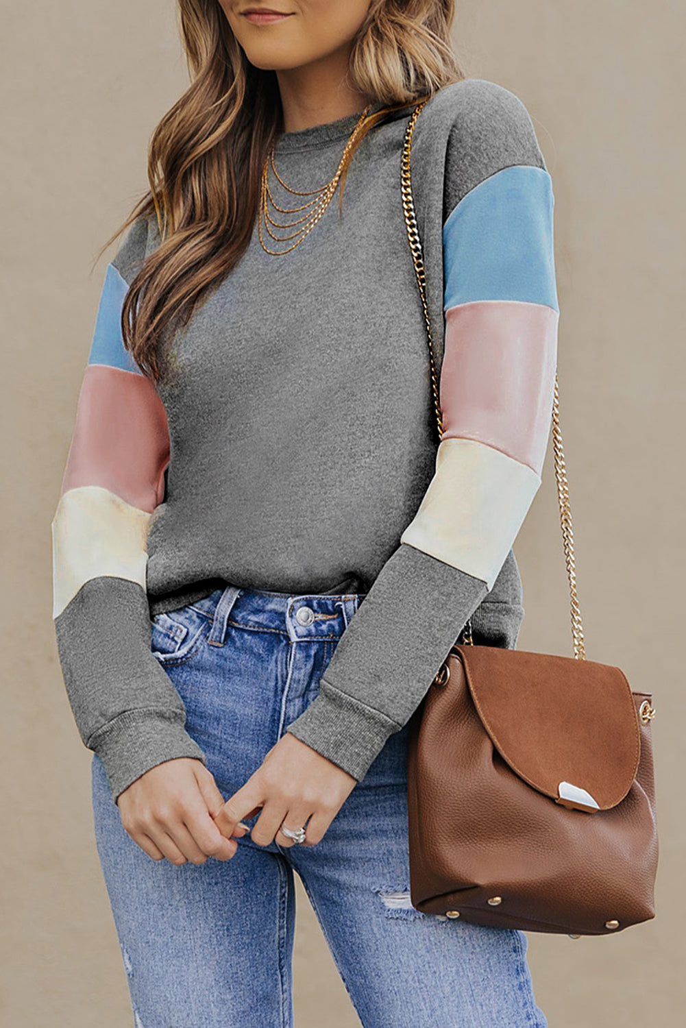 Color Block Casual Drop Sleeve Sweatshirt