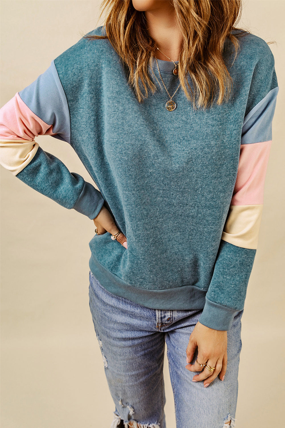 Color Block Casual Drop Sleeve Sweatshirt