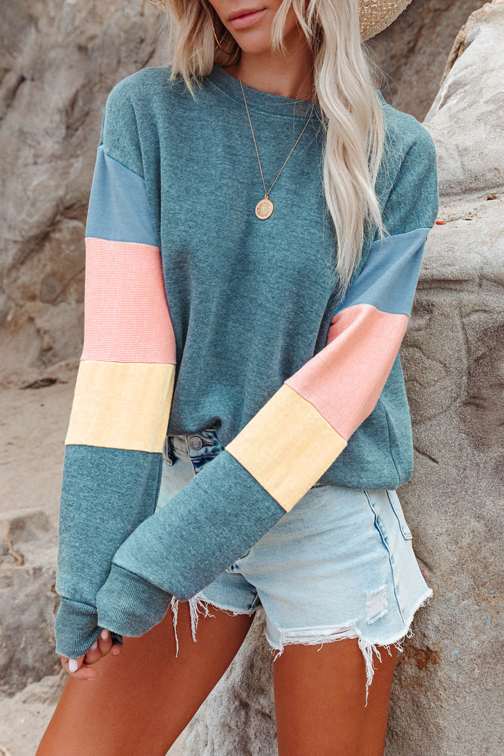 Color Block Casual Drop Sleeve Sweatshirt