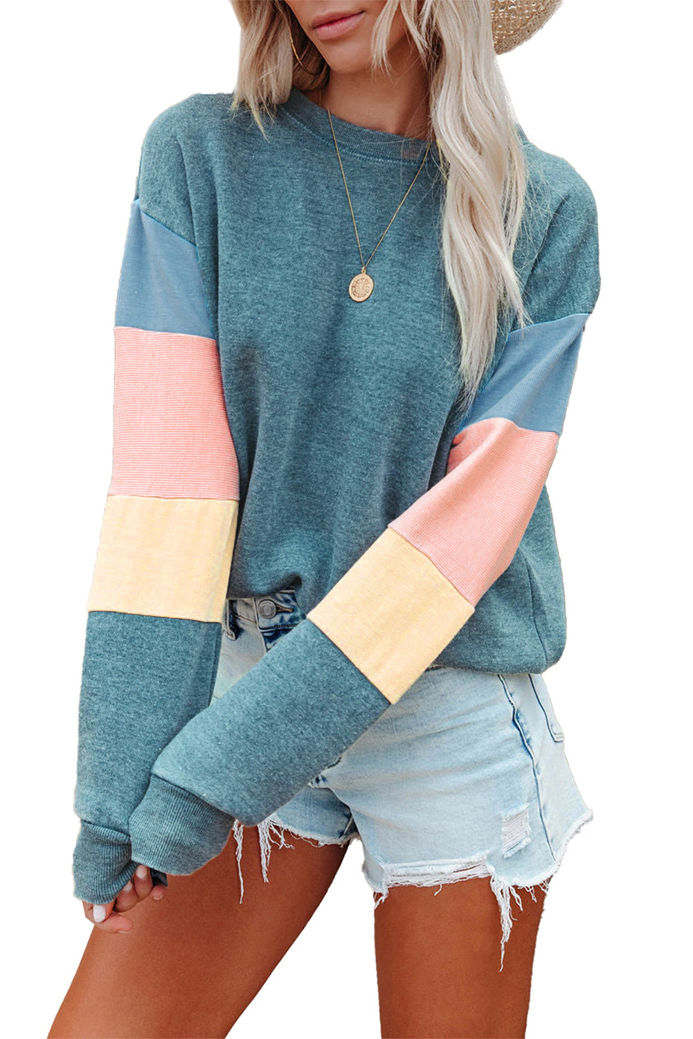 Color Block Casual Drop Sleeve Sweatshirt