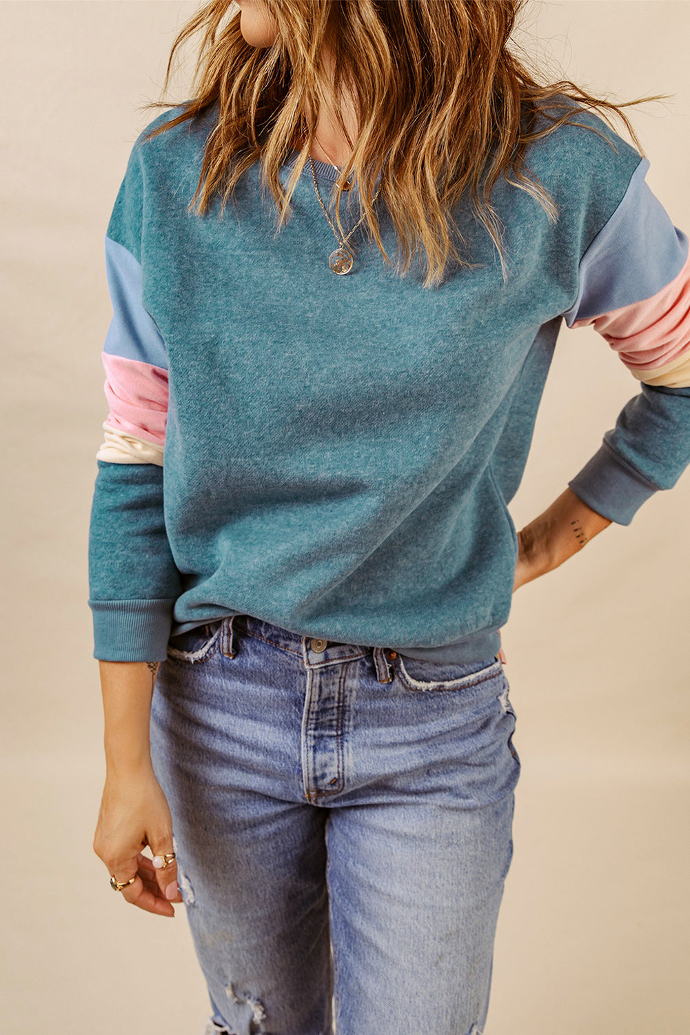 Color Block Casual Drop Sleeve Sweatshirt