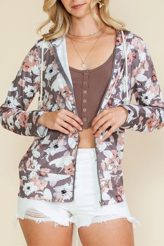 ***CLEARANCE***Gray Vintage Floral Print Pocketed Full Zip Hoodie