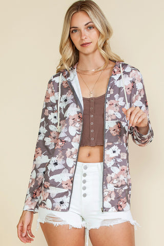 ***CLEARANCE***Gray Vintage Floral Print Pocketed Full Zip Hoodie