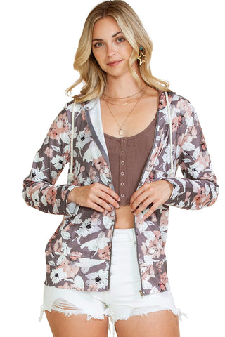 ***CLEARANCE***Gray Vintage Floral Print Pocketed Full Zip Hoodie