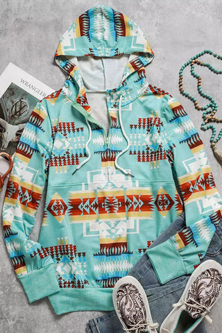 Aztec Geometric Drawstring Zipper Hoodie
