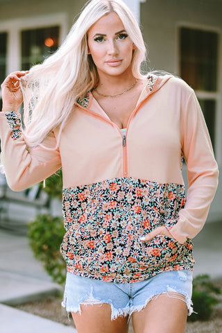 CLEARANCE Floral Patch Half Zip Kangaroo Pocket Hoodie