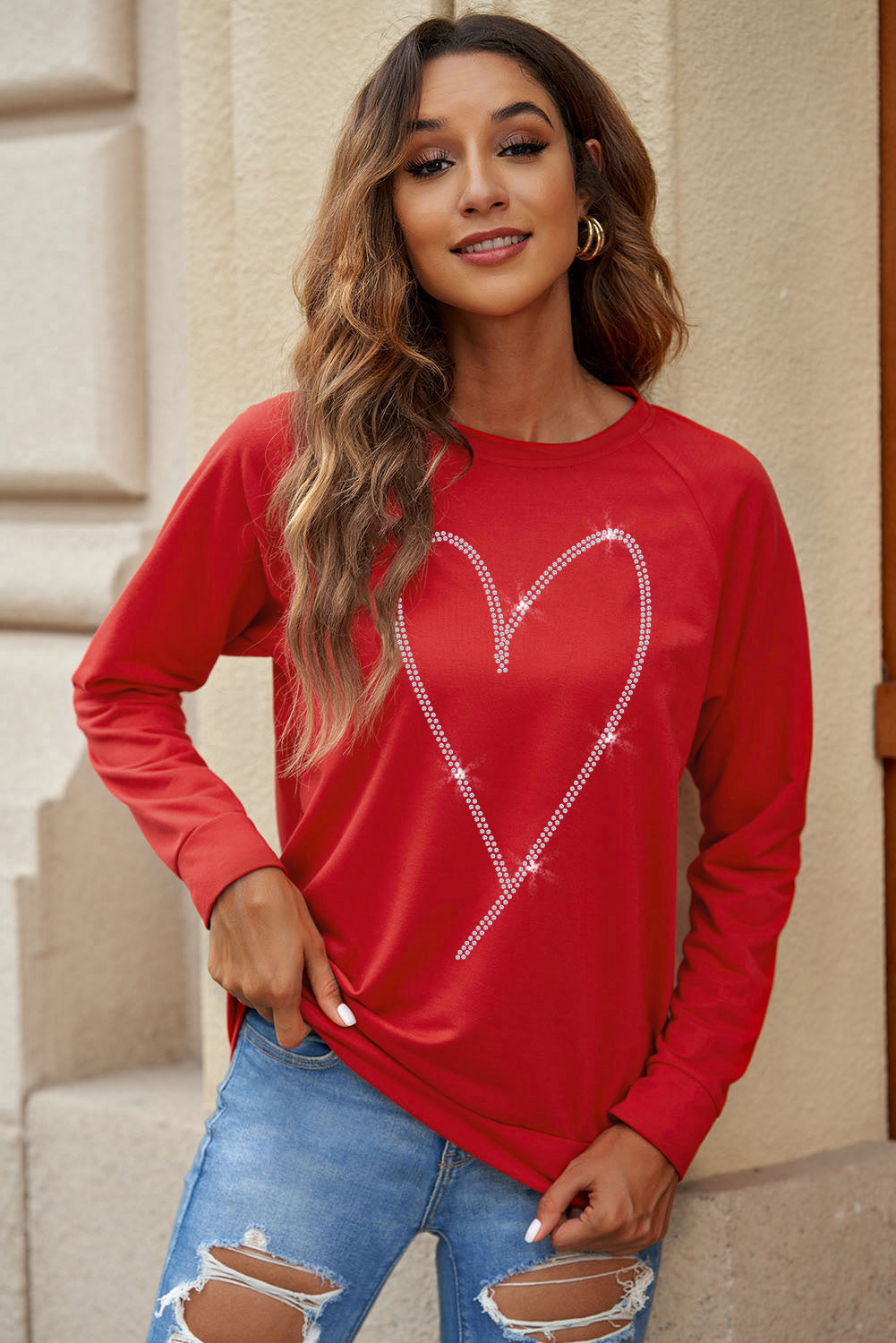 Fiery Red Rhinestone Heart Shaped Long Sleeve Sweatshirt