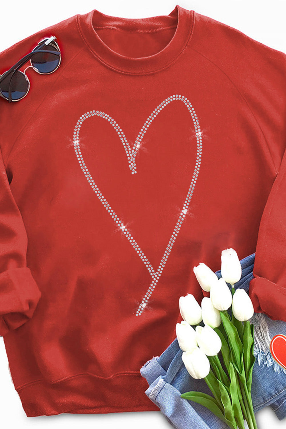 Fiery Red Rhinestone Heart Shaped Long Sleeve Sweatshirt