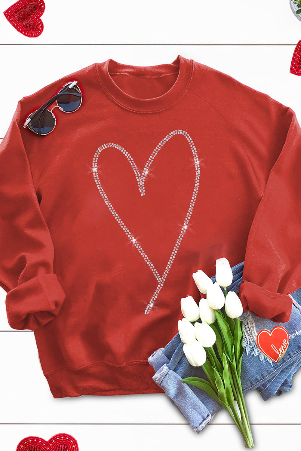 Fiery Red Rhinestone Heart Shaped Long Sleeve Sweatshirt