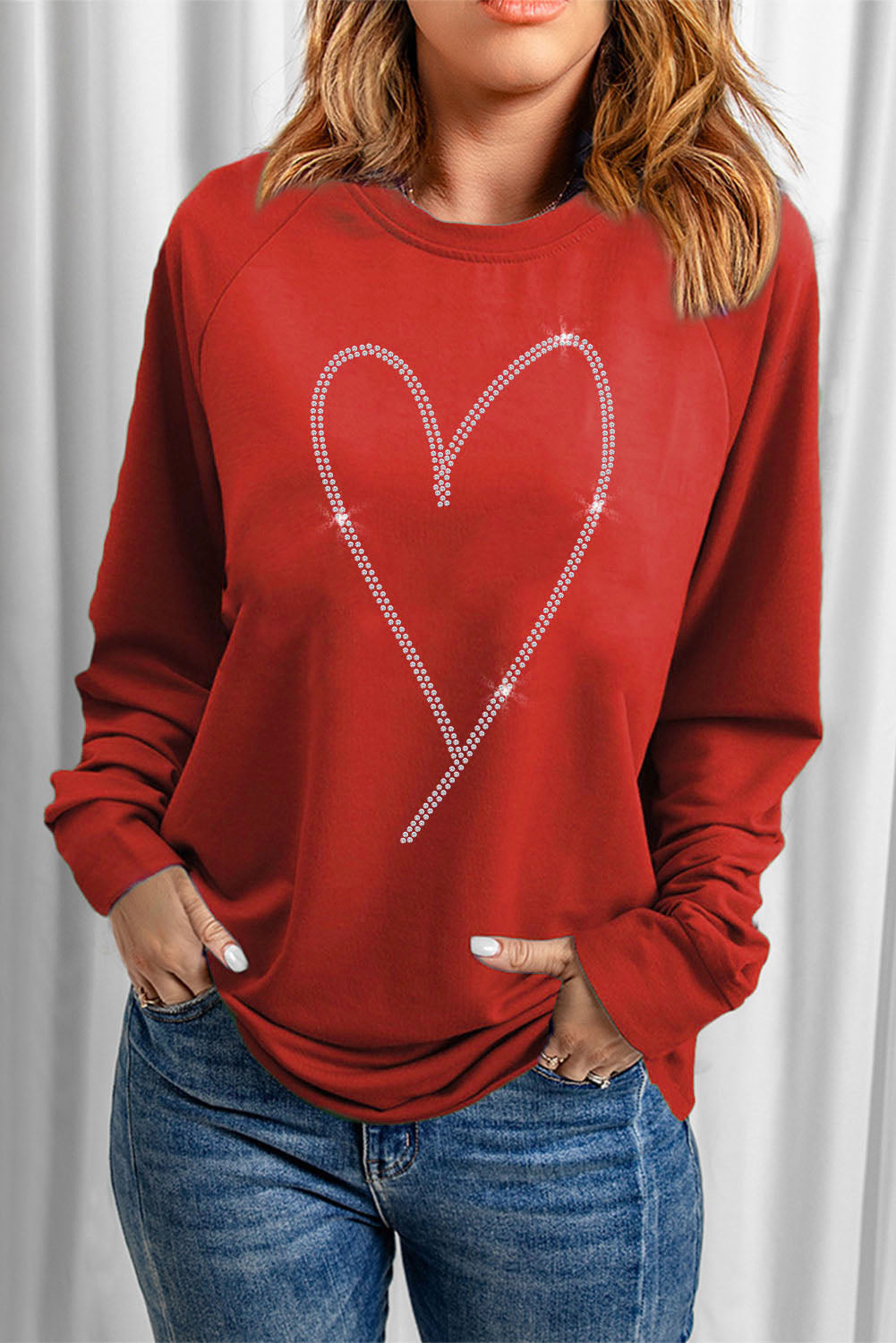 Fiery Red Rhinestone Heart Shaped Long Sleeve Sweatshirt