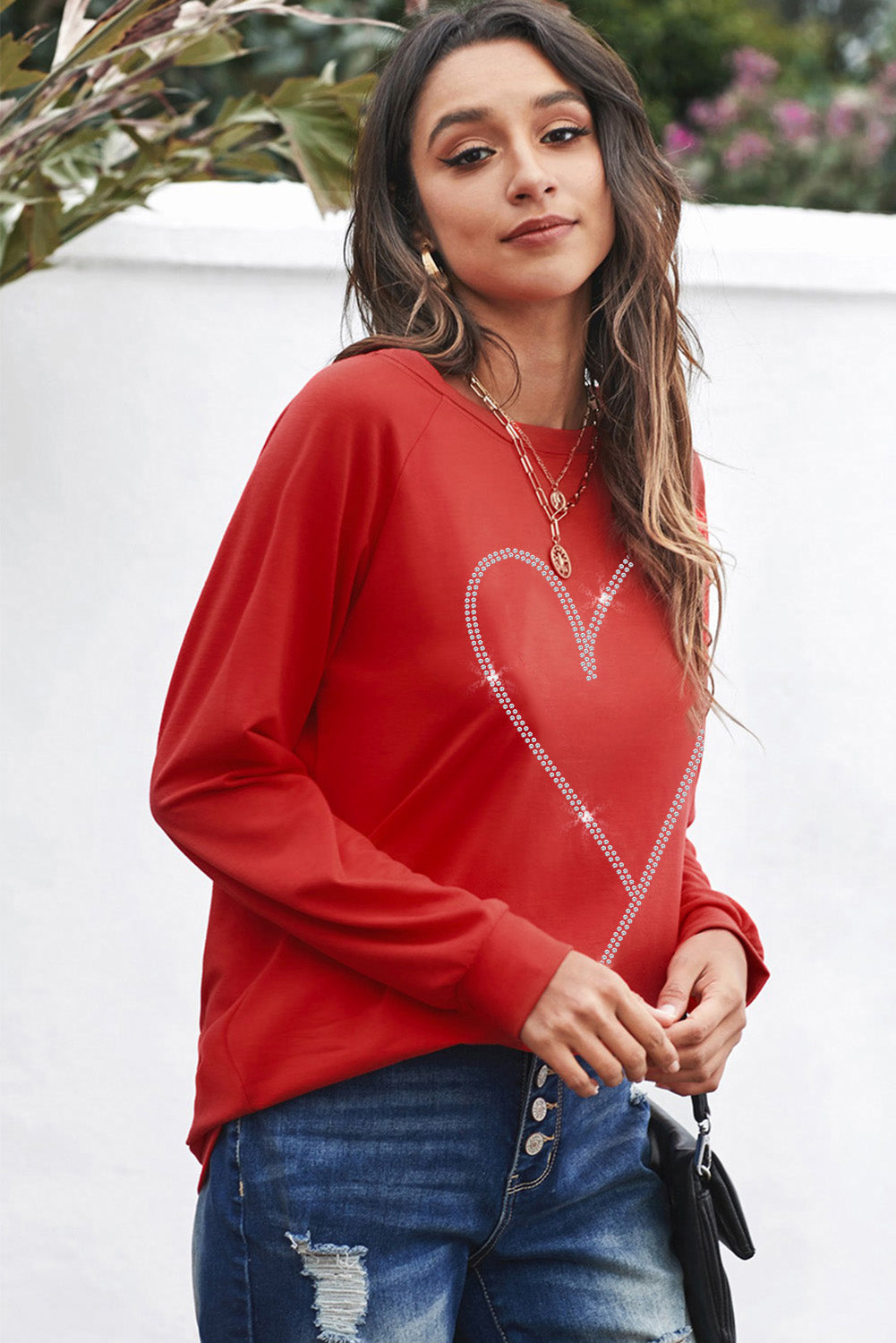 Fiery Red Rhinestone Heart Shaped Long Sleeve Sweatshirt