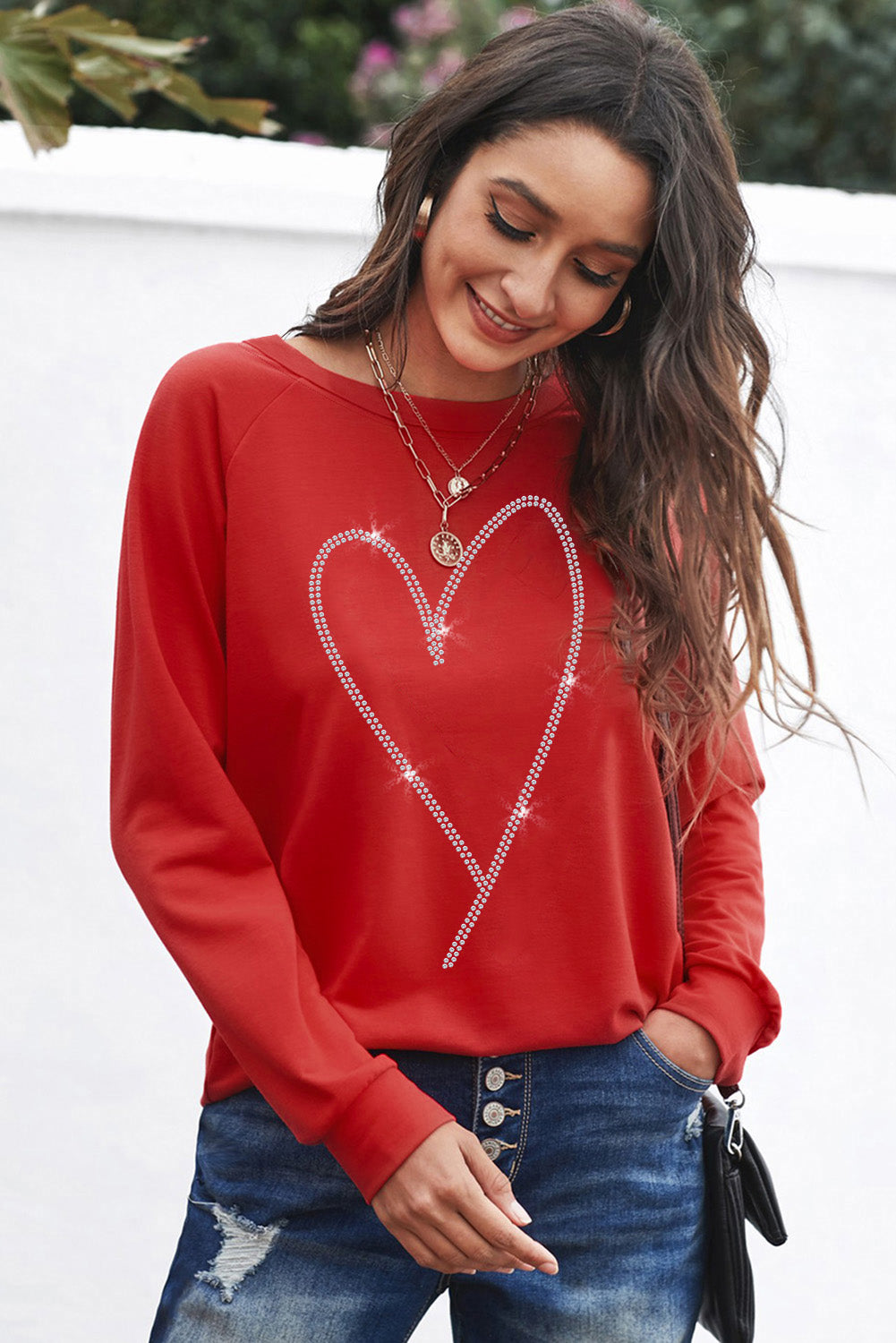 Fiery Red Rhinestone Heart Shaped Long Sleeve Sweatshirt