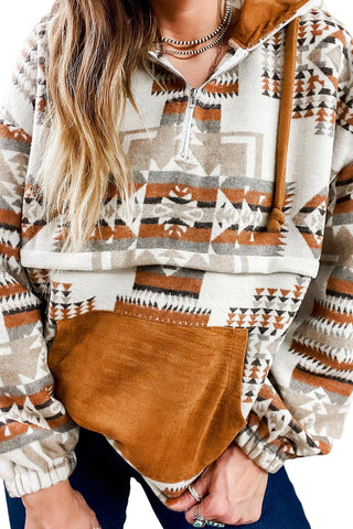 Beige Aztec Print Kangaroo Pocket Half-Zip Hoodie