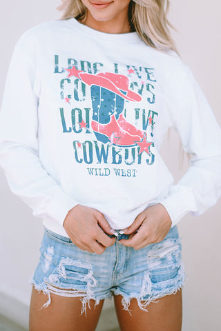 CLEARANCE White LONG LIVE COWBOY WILD WEST Graphic Sweatshirt