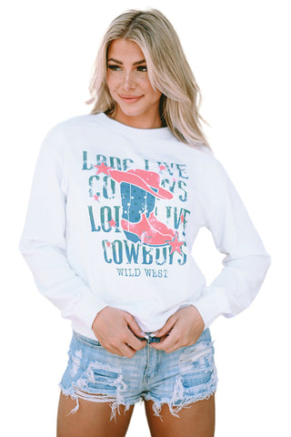 CLEARANCE White LONG LIVE COWBOY WILD WEST Graphic Sweatshirt