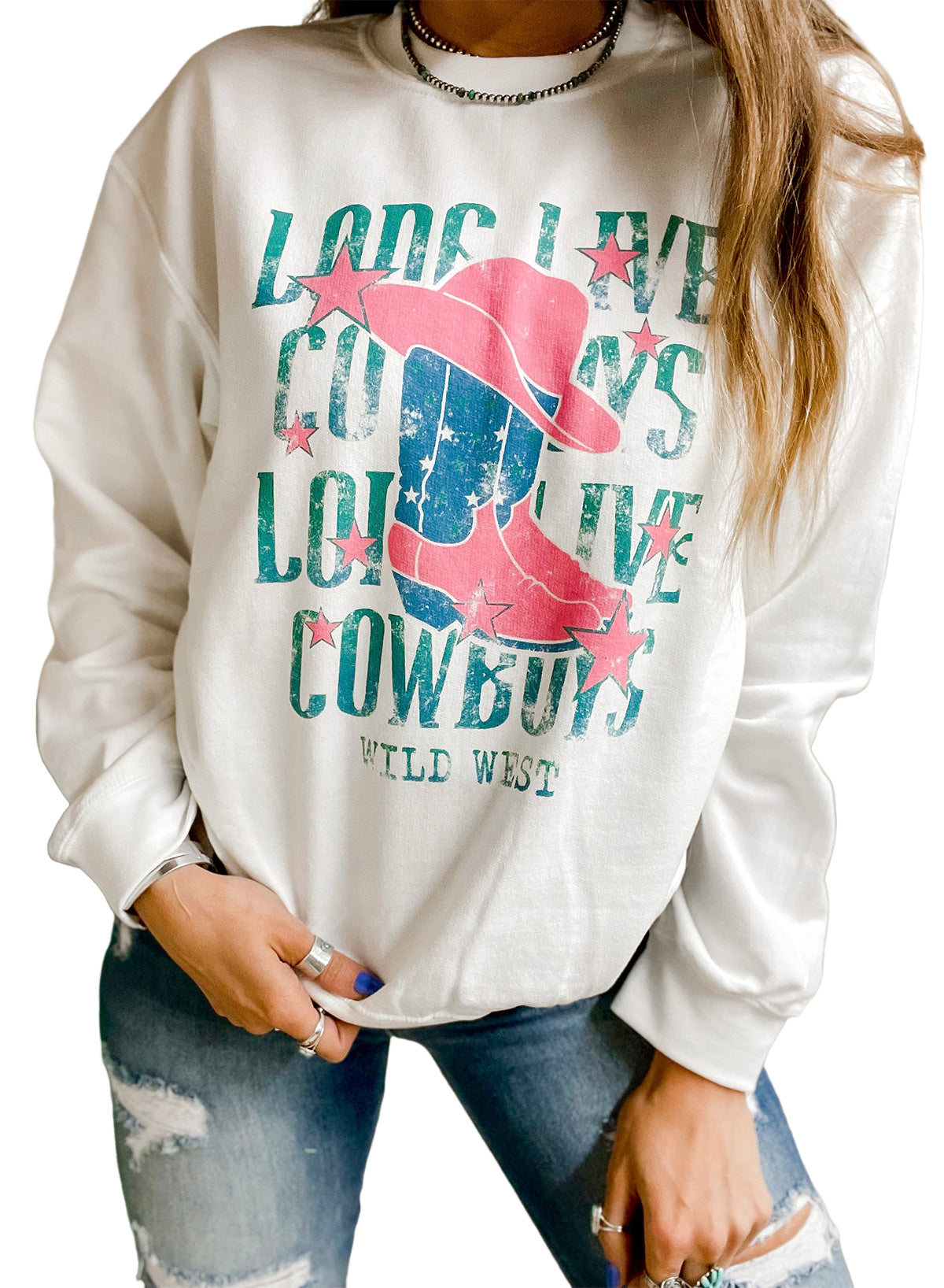 White LONG LIVE COWBOY WILD WEST Graphic Sweatshirt