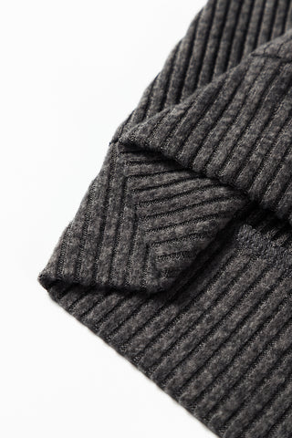 Dark Grey Ribbed Zip Front Drawstring Hoodie