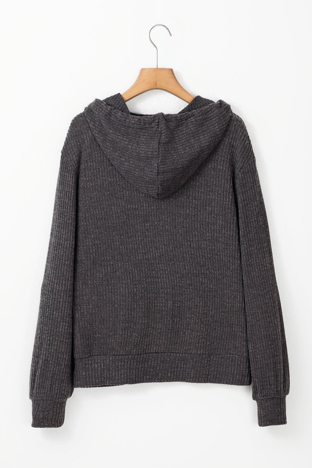 Dark Grey Ribbed Zip Front Drawstring Hoodie