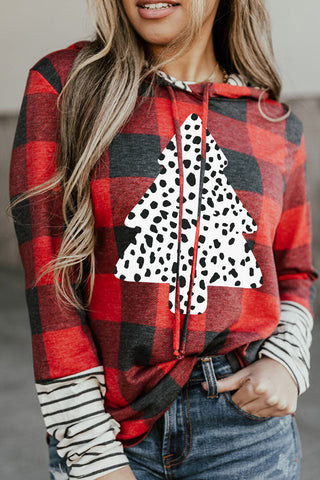 ***CLEARANCE *** Red Plaid Patch Sleeve Leopard Christmas Graphic Hoodie