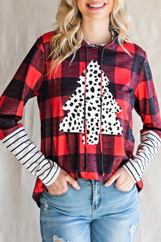 ***CLEARANCE *** Red Plaid Patch Sleeve Leopard Christmas Graphic Hoodie