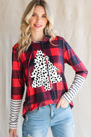 ***CLEARANCE *** Red Plaid Patch Sleeve Leopard Christmas Graphic Hoodie