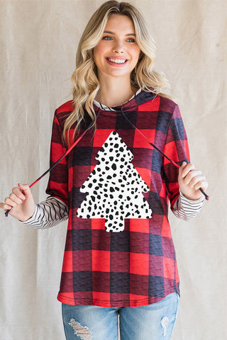 ***CLEARANCE *** Red Plaid Patch Sleeve Leopard Christmas Graphic Hoodie