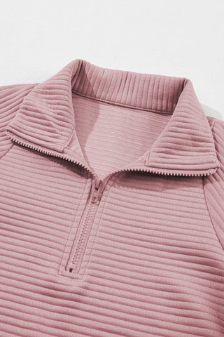 CLEARANCE Peach Blossom Ribbed Texture Quarter Zip Sweatshirt