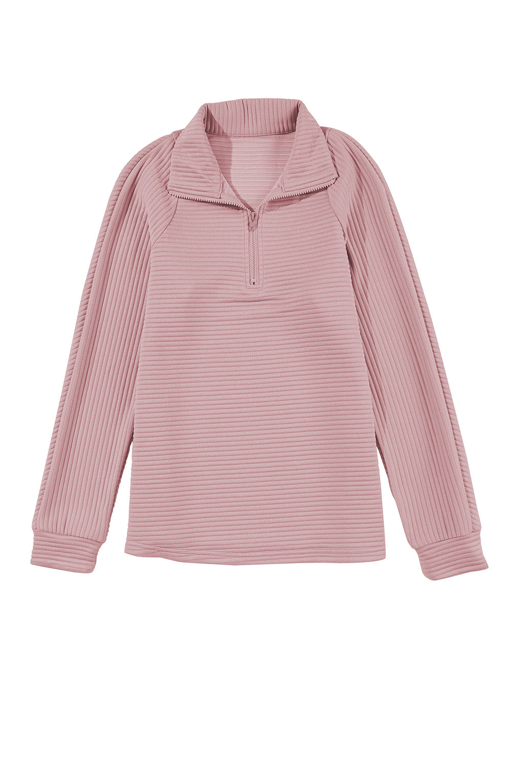 Peach Blossom Ribbed Texture Quarter Zip Sweatshirt