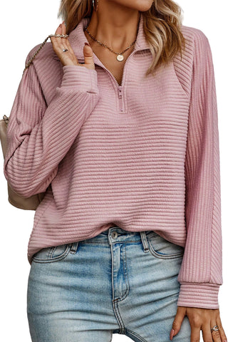 CLEARANCE Peach Blossom Ribbed Texture Quarter Zip Sweatshirt