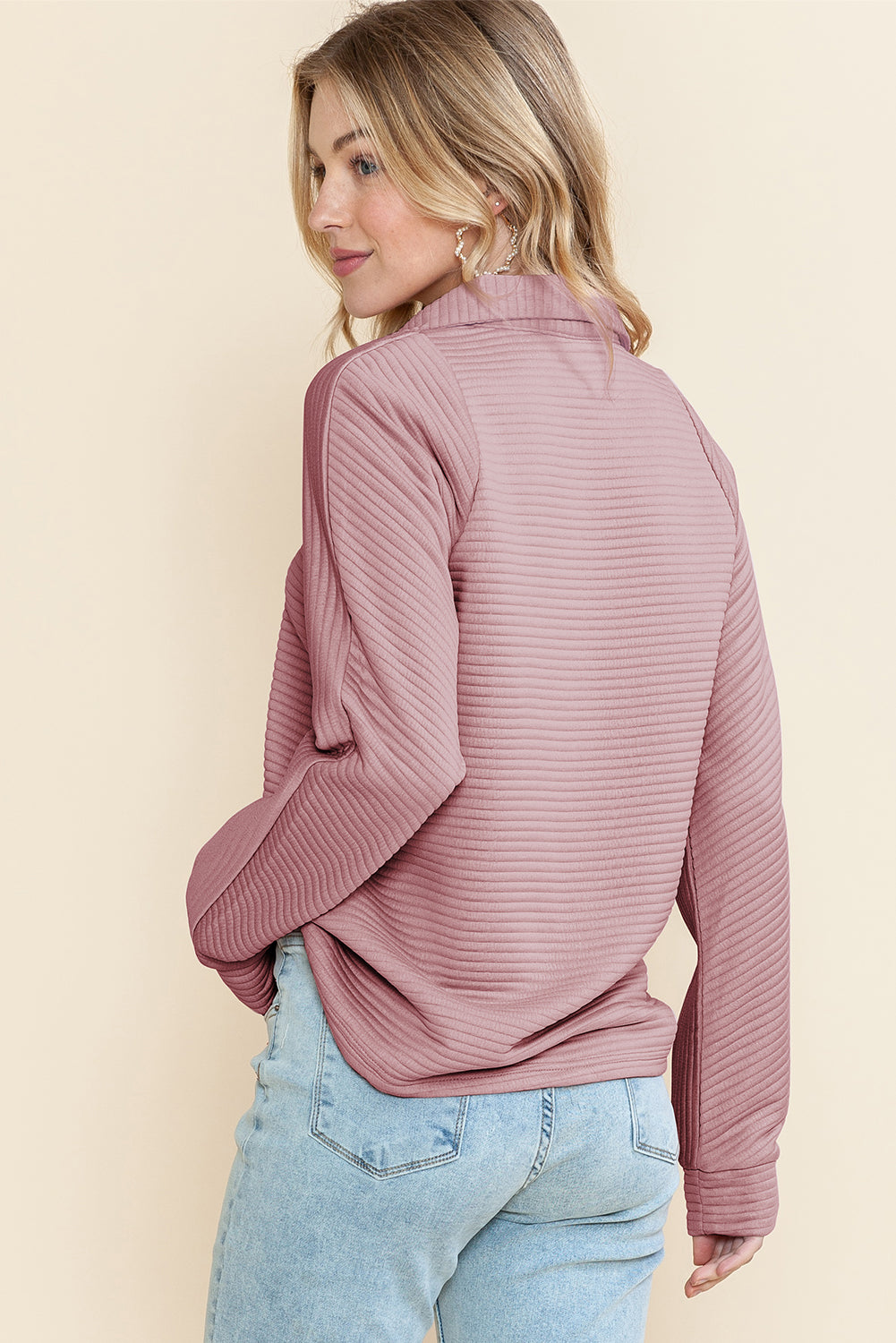 Peach Blossom Ribbed Texture Quarter Zip Sweatshirt