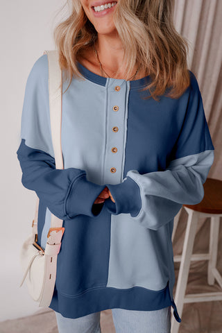 Beau Blue Colorblock Henley High Low Oversize Sweatshirt